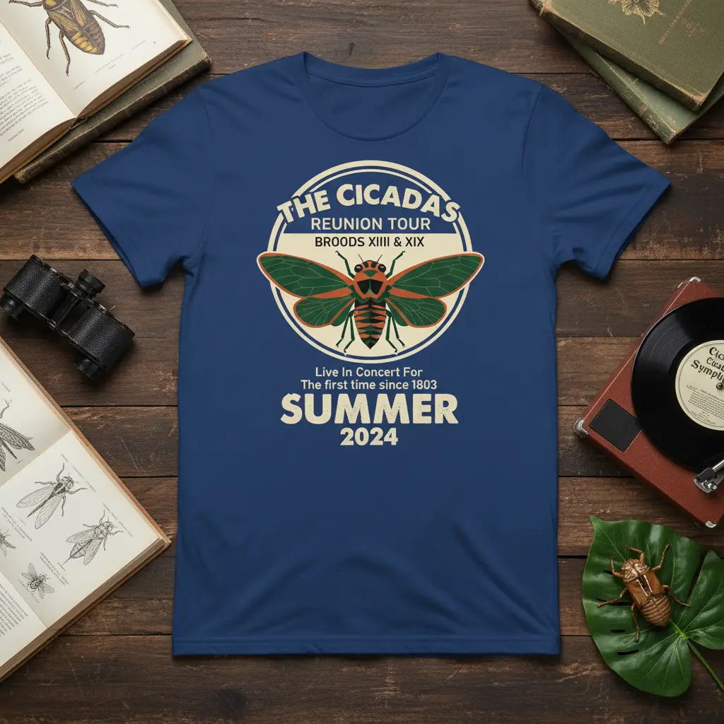 THE CICADAS REUNION TOUR quote printed with creative illustration on breathable fabric t-shirt design