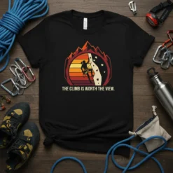 The Climb Is Worth The View quote on a black t-shirt with a rock climber graphic and sunset background