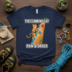 The Climbing Cat Paw & Order t-shirt design featuring an orange tabby cat climbing a rock wall with paw and