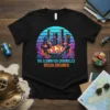 The Clownfish Chronicles Ocean Dreamer t-shirt design featuring a clownfish swimming near a cityscape under a sunset-inspired sky