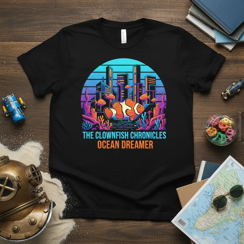 The Clownfish Chronicles Ocean Dreamer t-shirt featuring a vibrant clownfish, coral, and a futuristic cityscape at sunset