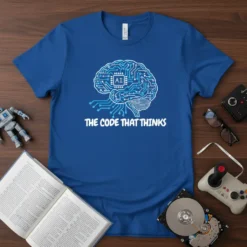 Blue t-shirt with "The Code That Thinks" text and a graphic of an AI brain with circuitry