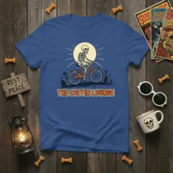 The Coffin Lounge text on a t-shirt with a skeleton riding a bicycle, surrounded by gravestones under a moonlit sky