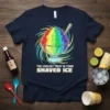 Navy t-shirt featuring a rainbow shaved ice dessert graphic with text "THE COLDEST TREAT IN TOWN SHAVED ICE"