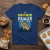 The Cookie Dealer I'll Hook You Up t-shirt design featuring a cartoon cookie character holding a bag of cookies