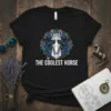 The Coolest Horse text with a sunglasses-wearing horse graphic on a black t-shirt