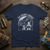 The Cosmic Library t-shirt design with an astronaut and robot reading under a galaxy and observatory graphic