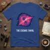The Cosmic Swirl t-shirt features a vibrant pink and purple swirling galaxy graphic with white stars