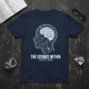 The Cosmos Within Infinite Mind T-Shirt with a detailed brain circuit design in blue and white on a navy tee