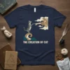 The Creation of Cat T-Shirt design featuring a cat reaching for a hand from clouds, inspired by The Creation of