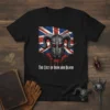 Black t-shirt with The Cult of Iron and Blood text, a knight helmet with horns, and a distressed Union Jack