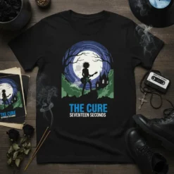The Cure Seventeen Seconds album art t-shirt with a silhouette of a guitarist under a full moon and castle