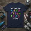 The Dancing Stars t-shirt design featuring colorful stick figures dancing and the text "THE DANCING STARS"