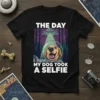 The Day My Dog Took A Selfie graphic tee featuring a golden retriever in a spacesuit with a UFO above