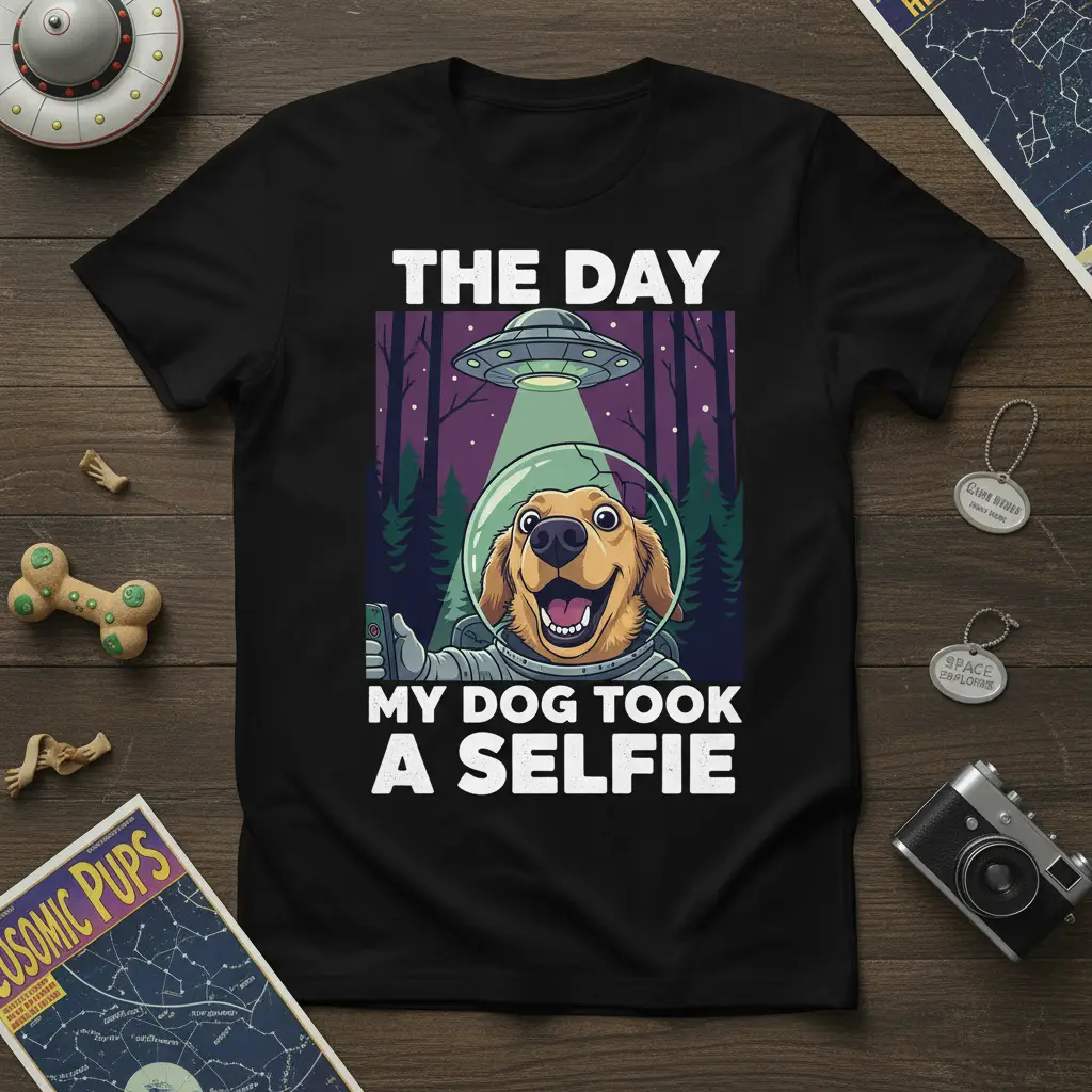 The Day My Dog Took A Selfie quote with a golden retriever astronaut and UFO graphic