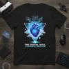 The Digital Soul Synthetic Emotion t-shirt featuring a glowing blue anatomical heart surrounded by digital screens and geometric shapes