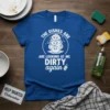 The Dishes Are Looking At Me Dirty Again humorous quote t-shirt design featuring stacked dirty dishes in a circle