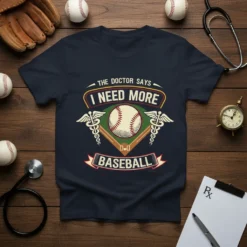 The Doctor Says I Need More Baseball t-shirt design featuring a baseball, caduceus symbols, and baseball diamond graphic