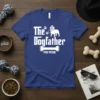 Blue t-shirt with white text "The Dogfather Paw Patrol" and a bulldog graphic