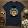 The Dood text with a dog wearing a retro helmet and goggles on a navy t-shirt