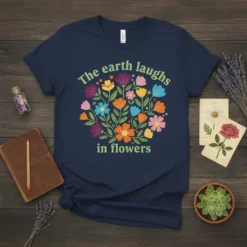 The earth laughs in flowers quote with colorful floral wreath graphic on a navy t-shirt