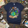 The Earth Without Art Is Just EH! text with globe, paintbrush, and art supplies graphic on a navy t-shirt