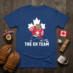 The Eh Team hockey t-shirt design featuring a beaver player and Canadian maple leaf graphic