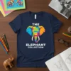 Navy t-shirt with "THE ELEPHANT COLLECTION" text and a colorful geometric elephant graphic