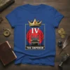 The Emperor Tarot Card IV design featuring a golden crown, throne, and red sun on a blue t-shirt