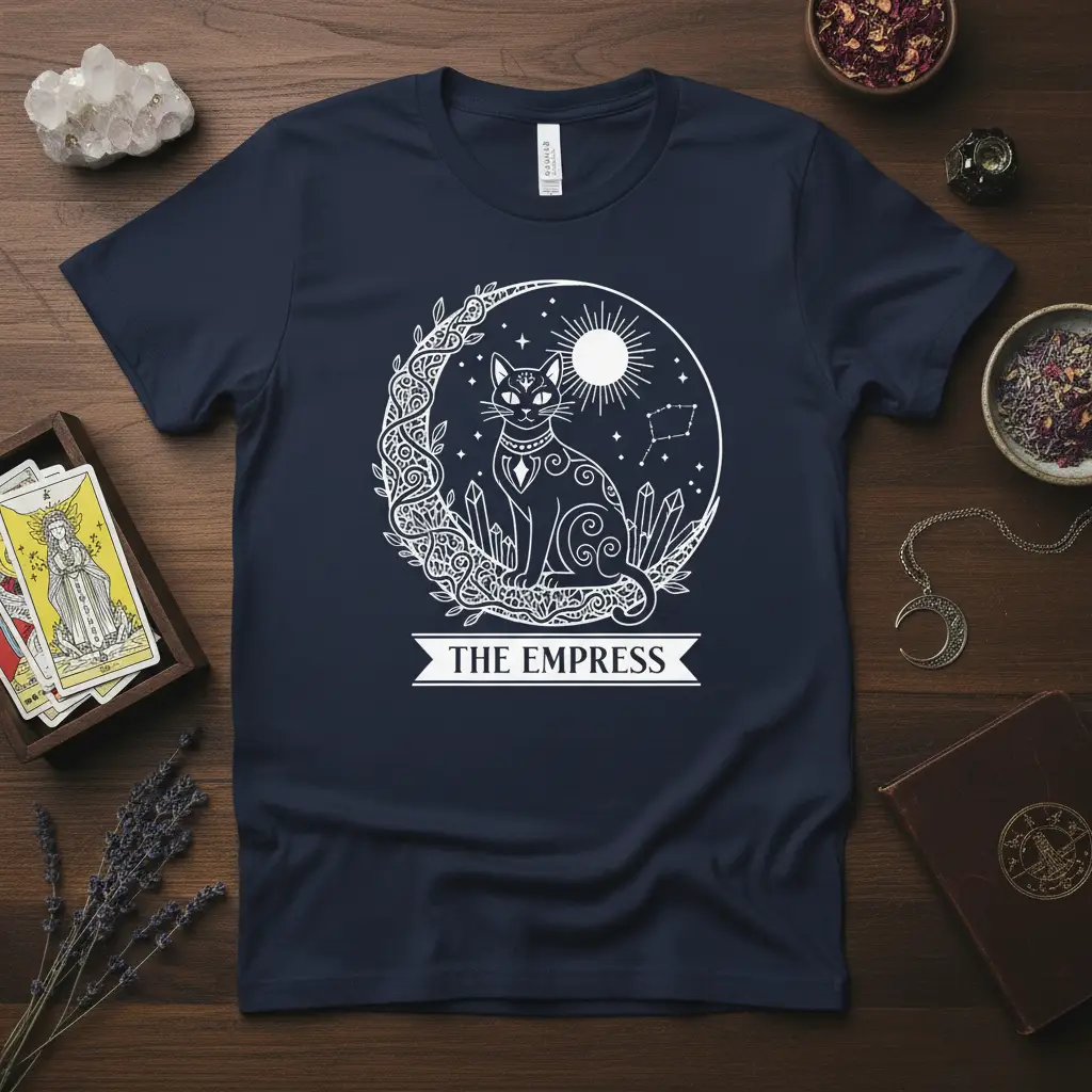 The Empress tarot card graphic with a mystical cat, moon, sun, and crystals on a t-shirt