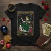 The Empress Tarot Card III ♀ design on a black t-shirt, featuring a woman in a green gown holding a
