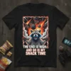 The End Is Nigh And So Is My Snack Time raccoon t-shirt design with meteor shower graphic and bold text
