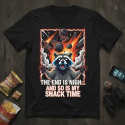 The End Is Nigh And So Is My Snack Time raccoon t-shirt design with meteor shower graphic and bold text