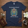 Navy t-shirt with "The Episdoial Church All are welcome" text and a stained-glass window graphic with olive branches