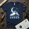The Evolution of Astronomy t-shirt design with a silhouette of a person looking through a telescope at the moon and