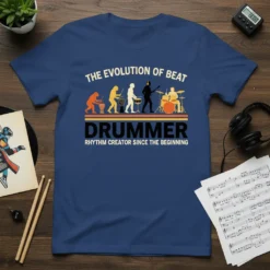 The Evolution of Beat Drummer Rhythm Creator Since The Beginning t-shirt design showing evolution of drumming figures and text