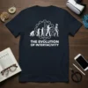The Evolution of Interactivity t-shirt design showing human evolution to robot stages within a gear graphic