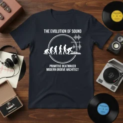 The Evolution of Sound Primitive Beatmaker Modern Groove Architect t-shirt design showing human evolution and DJ equipment
