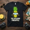 The Exploding Pineapple t-shirt design featuring a cartoon pineapple bursting with a bright blue center and yellow splashes