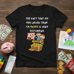 Black t-shirt with "THE FACT THAT MY KIDS NEVER THINK I'M BROKE IS VERY DISTURBING" text, a piggy bank, and