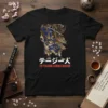 The Fearsome Samurai Warrior T-Shirt featuring a blue and gold samurai graphic with Japanese text