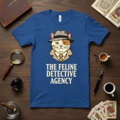 The Feline Detective Agency text on a blue t-shirt featuring a cartoon cat detective in a hat and trench coat