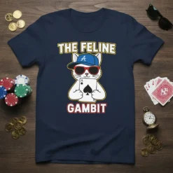 The Feline Gambit text above a cool cat holding an ace of spades, wearing a baseball cap and sunglasses on