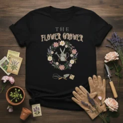 The Flower Grower t-shirt with a floral wreath, watering can, and gardening tools design