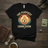 The Fluffiest Chow Chow graphic t-shirt with a vintage sunset circle and a dog's face