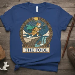 The Fool Tarot Cat T-Shirt design with a cat adventurer by a waterfall, in a circular frame, with text "THE