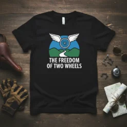 The Freedom of Two Wheels t-shirt design featuring a winged bicycle wheel over a scenic mountain road