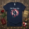 The French Kiss t-shirt design featuring a silhouette of a couple kissing with the Eiffel Tower in the background, romantic