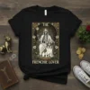 The Frenchie Lover Tarot Skeleton design featuring a skeleton king with a French Bulldog, surrounded by roses and ornate details