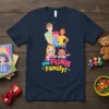 The Funn Family! cartoon design with two adults and three children on a navy blue t-shirt